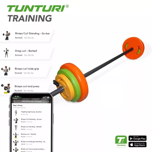 Tunturi 20 kg-os műanyag súlyzókészlet kétkezes rúddal